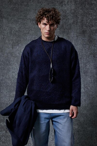 ablukaonline Men's Wool Relax Fit Knitwear Sweater Navy Blue