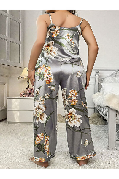 lidofya Floral Pattern Gray Satin Plus Size Pajama Set