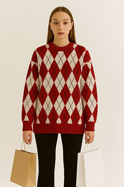 Sfg Life Moda Women's Ribbed Crew Neck and Argyle Pattern Knit Long Sweater