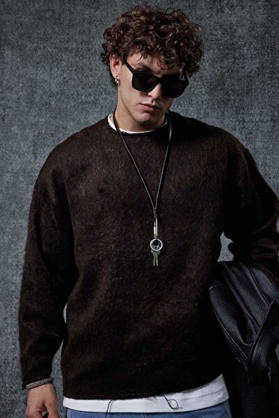 ablukaonline Ανδρικό πλεκτό πουλόβερ από μαλλί Relax Fit καφέ