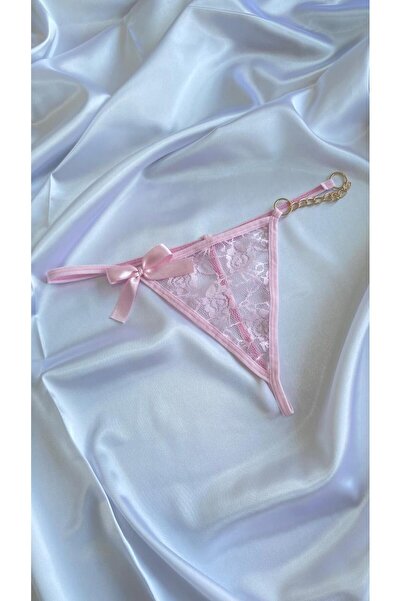 Maly Love Kadın Pembe Dantel Fiyonk ve Zincir Detaylı Tanga