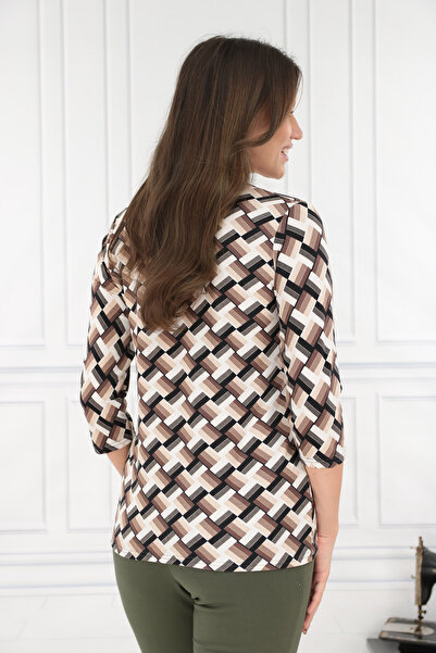 Trend Land Μπλούζα με καφέ-μπεζ γεωμετρικό με τύπωμα