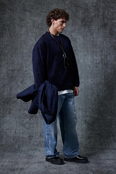 ablukaonline Men's Wool Relax Fit Knitwear Sweater Navy Blue