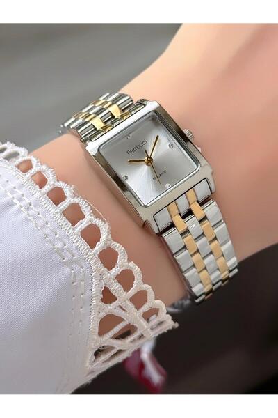 Ferrucci Milano Kadın Kol Saati – Taşlı Kadran, Kare Kasa, Gümüş Gold Metal Kordon