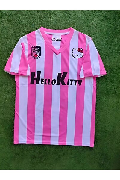 Rang store Pembe Beyaz V Yaka Çubuklu Jersey Hello Kitty T-Shirt