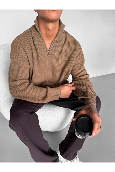 ablukaonline Ανδρικό πουλόβερ με μισό φερμουάρ, ανοιχτό καφέ