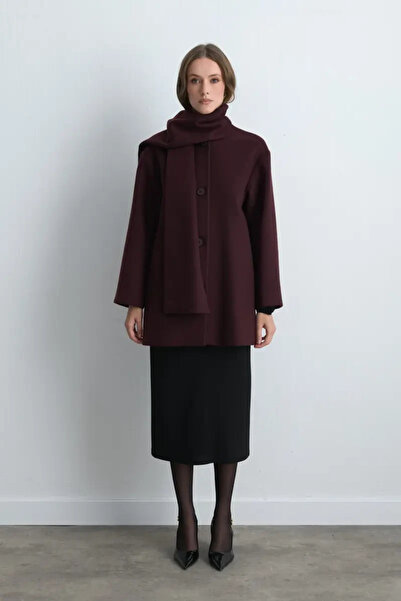 Gusto Wool Cashmere Coat with Scarf - Burgundy