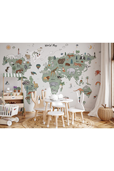 Tasarım Dünya Haritası Yeşil Kıtalar ve Renkli Ülke Hayvanları Çizim Çalışmas...