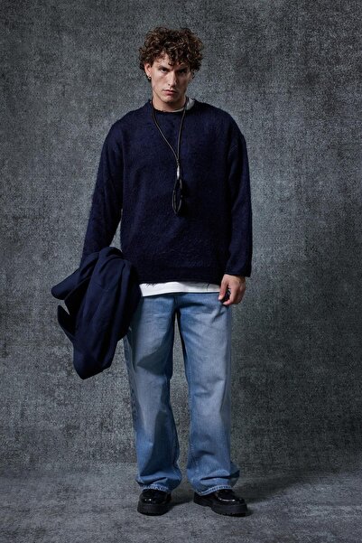 ablukaonline Men's Wool Relax Fit Knitwear Sweater Navy Blue