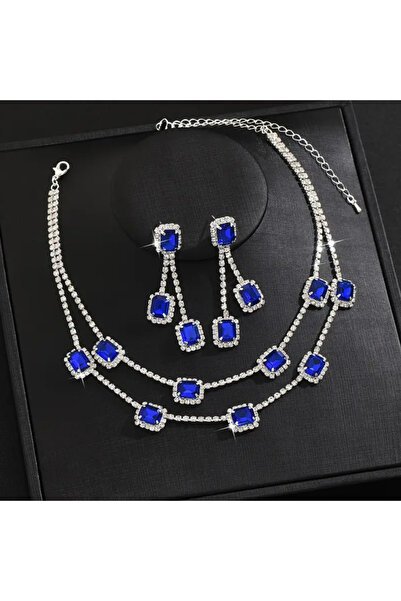 TAKİŞKO Blue White Zircon Stone Setting Necklace Earrings Evening Dress Set