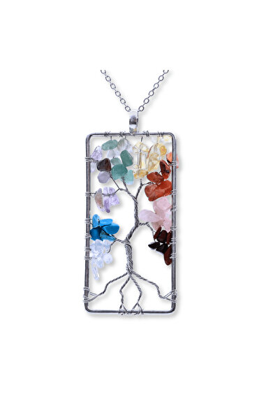 craftmystic Colier dreptunghiular reglabil cu pomul vieții și pietre chakra - Echilibru și Armonie