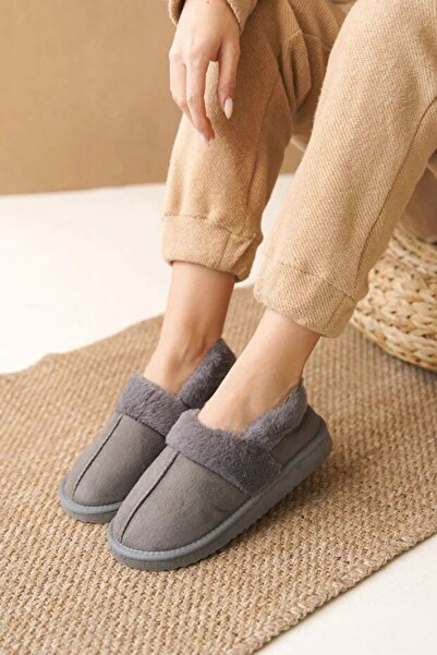 FUGA MODA Moffy Anthracite Suede Fur Collar Silent Sole Home Shoes