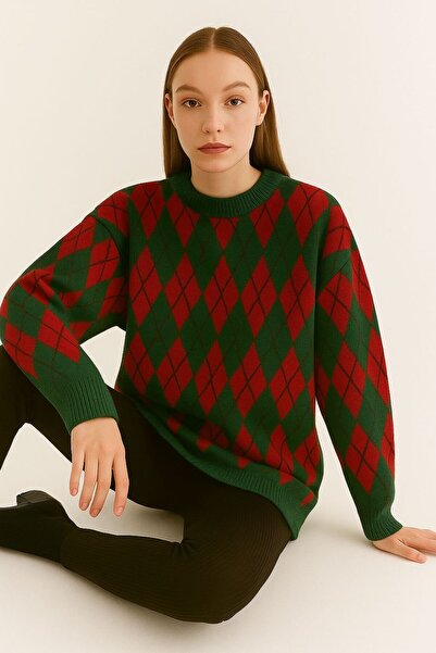 Sfg Life Moda Women's Ribbed Crew Neck and Argyle Pattern Knit Long Sweater