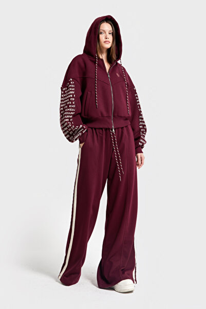 its basic Kadın Bordo Renk w5-35 Örme Kumaş Tasarım 3'lü Kombin Takım