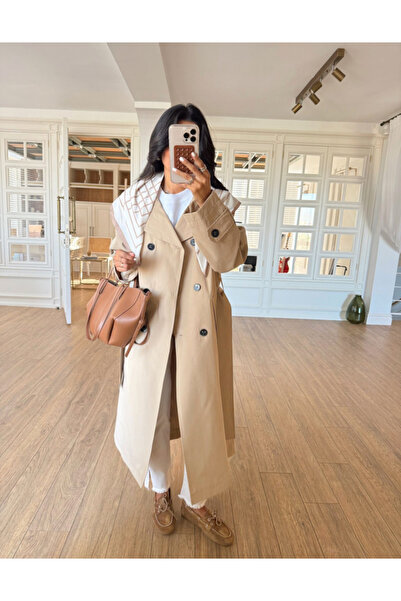 FEMMESTUDIO Women's Beige Long Trench Coat with Scarf