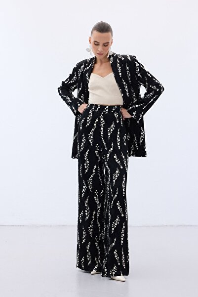 Sateen Desenli Bol Paça Pantolon - Siyah