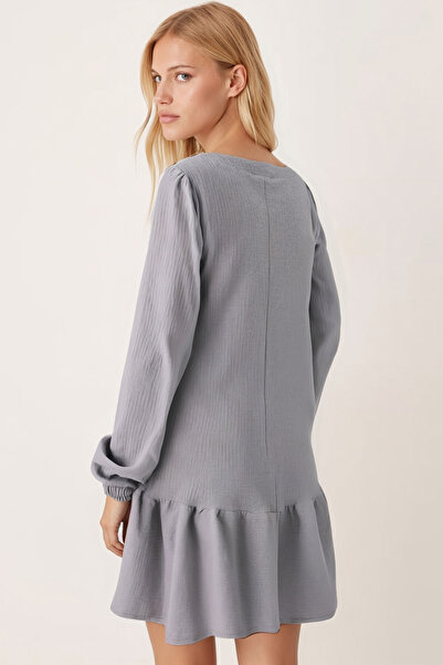 armonika Kadın Gri U Yaka Uzun Kollu Etek Ucu Fırfırlı Likralı Elbise ARM-26K001012