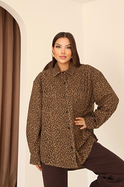 MOVİMENT Γυναικείο παλτό με λεοπάρ σχέδιο με λεπτομέρεια με κουμπιά και γιακά πουκάμισου oversized