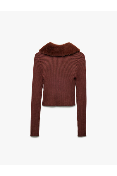 Koton Cardigan tricotat cu mânecă lungă și fermoar, cu guler din blană artificială amestecată de viscoză