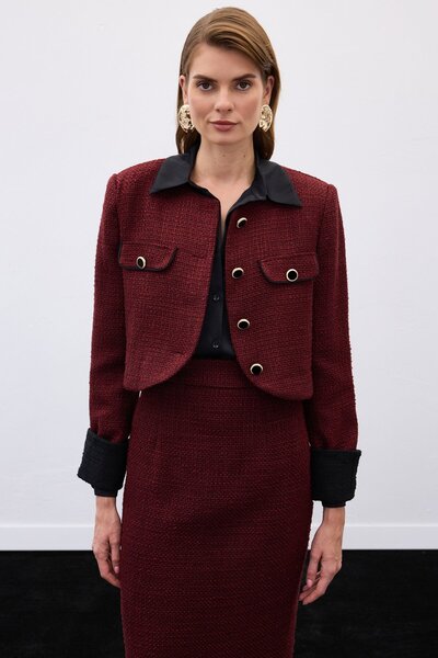 Sateen Контрастний короткий твідовий піджак - бордовий