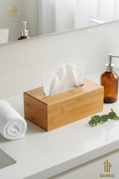 Ulgenex Masaüstü Dekoratif Kare Bambu Ahşap Peçetelik, Peçete Kağıt Mendil Kutusu