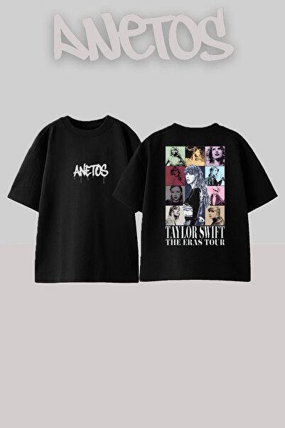 Anetos تي شيرت تايلور سويفت 16 تصميم من القطن الأسود كبير الحجم مطبوع على الظهر