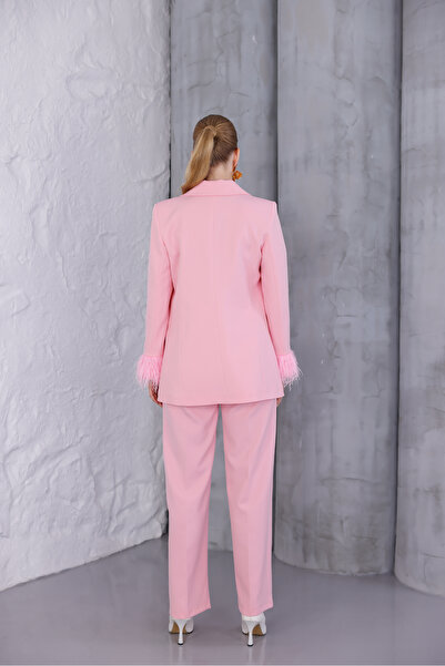 Passage Woman Tüy Detaylı Pembe Ceket ve Pantolon Takım