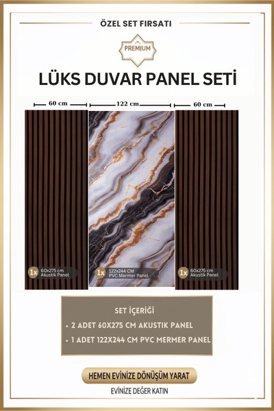 DECOALA Akustik Duvar Paneli + Mermer Görünümlü PVC Duvar Kaplama Seti (3 Parça)