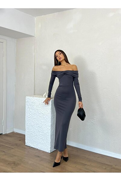 Nesil فستان نسائي أنيق بياقة قارب وأكمام طويلة يلتف حول الجسم مناسب للمناسبات...