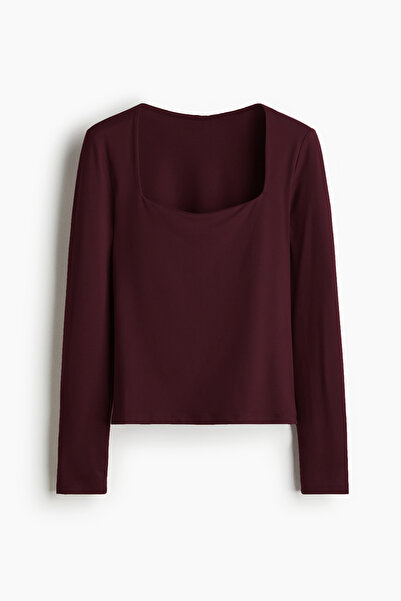VODENS بلوزة بأكمام طويلة وياقة مربعة باللون العنابي الأساسية فائقة النعومة م...