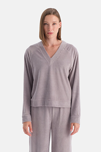 Dagi Light Lilac V-Neck Long Sleeve Velvet Sweatshirt