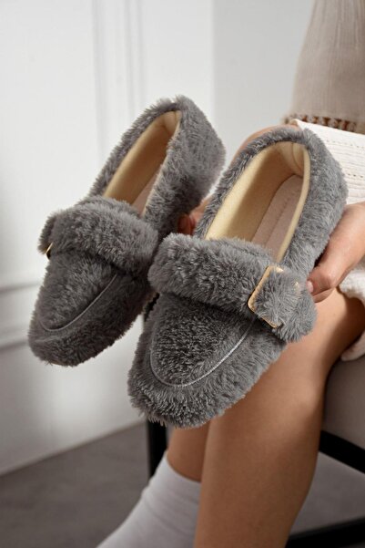FUGA MODA Alexis Anthracite Buckle Detailed Strap Plush Home Slippers