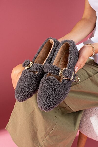 FUGA MODA Olisse Anthracite Towel Textured Western Buckle Belted Home Slippers