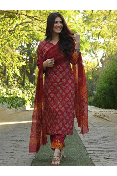 MYSMAR سلوار قميص ودوباتا مطبوع من القطن الفيسكوز باللون العنابي - ALV1444 | عنابي