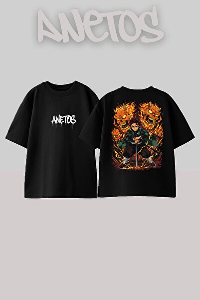 Anetos Tanjiro Demon Slayer Design Spate cu imprimeu Bumbac Negru supradimens...