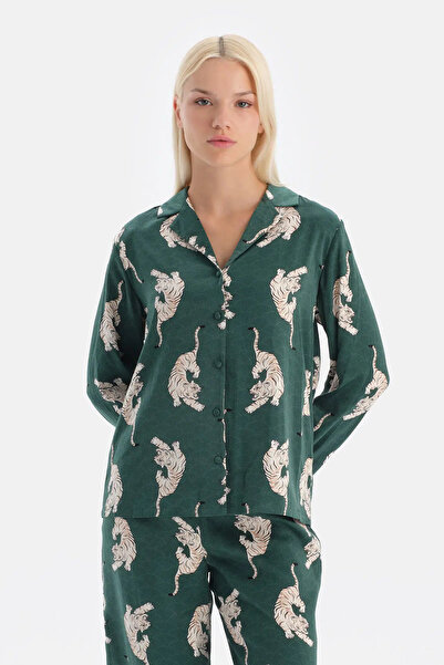 Dagi Koyu Yeşil Leopar Desenli Saten Gömlek