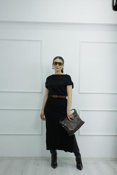 TUNAM BUTİK 90256 Asymmetrical Collar Wool Belted Knitwear Dress Black