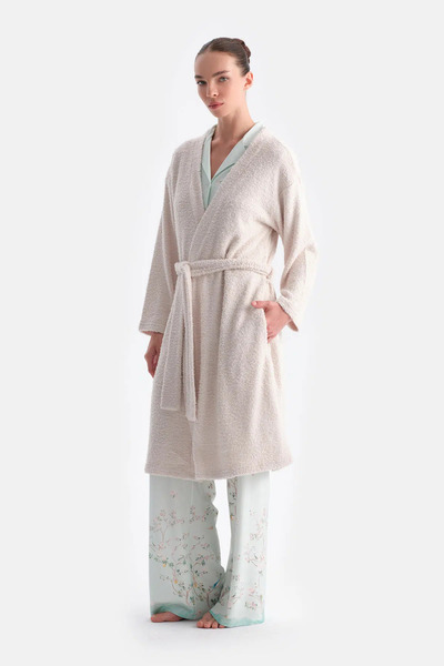 Dagi Ecru Long Sleeve Chenille Knitted Dressing Gown