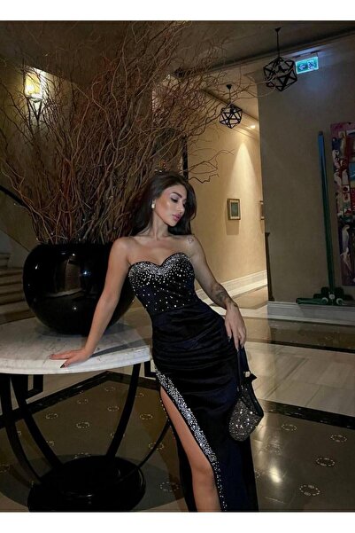 Modafeminen Βραδινό φόρεμα από βελούδο με σχισμή στράπλες 583052 ΜΑΥΡΟ