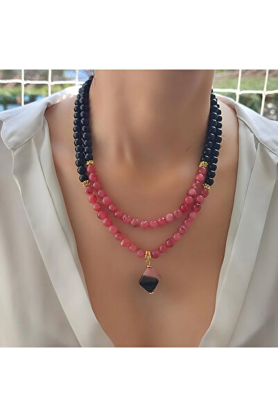 elinasaccessories Pembe Siyah kolye, Akik onyx kuvars taşlı kolye çoklu tasar...