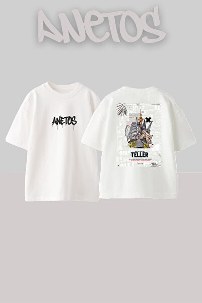 Anetos Μπλουζάκι T-shirt Teller Design Back με τύπωμα Cotton White oversized