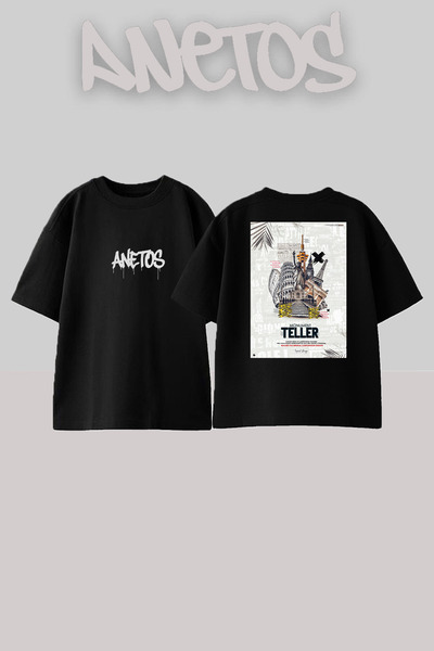 Anetos Μπλουζάκι Teller Design Back με τύπωμα Cotton Black oversized