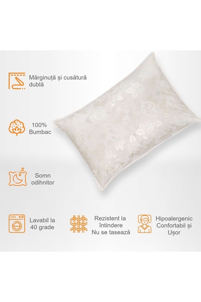 Pernador Set of 2 pillows with 15% goose down and feather, 50x70 cm, White with silver roses