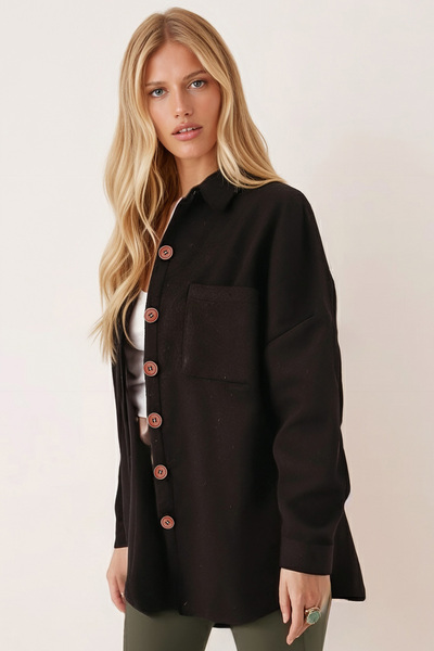 armonika Women's Bitter Brown Oversize Cashmere Pocket Shirt Arm-22Y001156