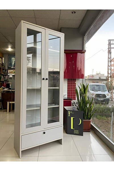 BBF Furniture Cam Kapaklı Modern Kitaplık ve Vitrin Dolap – Çekmeceli, Çok Amaçlı Saklama Ünitesi (Sis Gri)