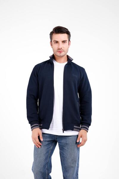 Decas Proo Seersucker Stand Collar Zippered Cardigan - Navy Blue