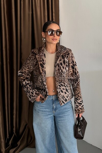 spirituel Women's Jacket Short Leopard Print Fox Fabric Jacket Lapel Buttoned Fur Coat