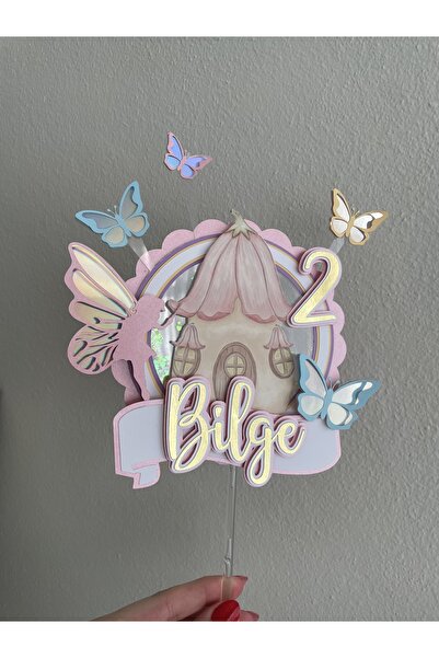 wenucapartyshop Peri Konsept Kişiye Özel Cake Topper | Pastel Gold Pasta Süsü | Kelebekli Doğum Günü Dekoru - Pembe