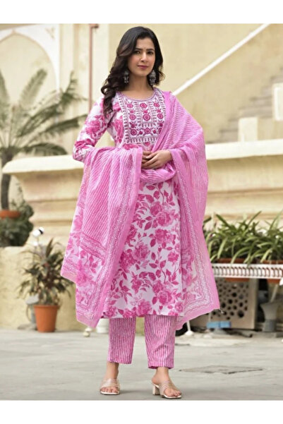 MYSMAR سلوار قميص ودوباتا مطرزان من القطن الوردي - ALV1075 | وردي