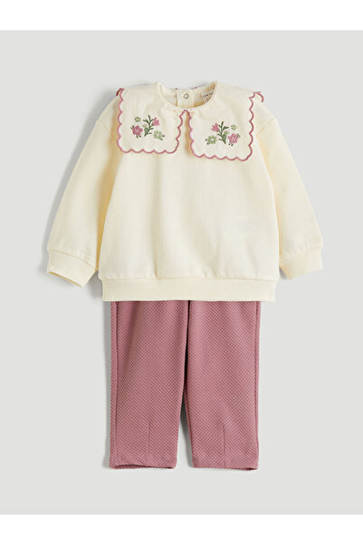 LC Waikiki Ecru Crew Neck Strap Baby Girl Blouse and Pants 2-Piece Set